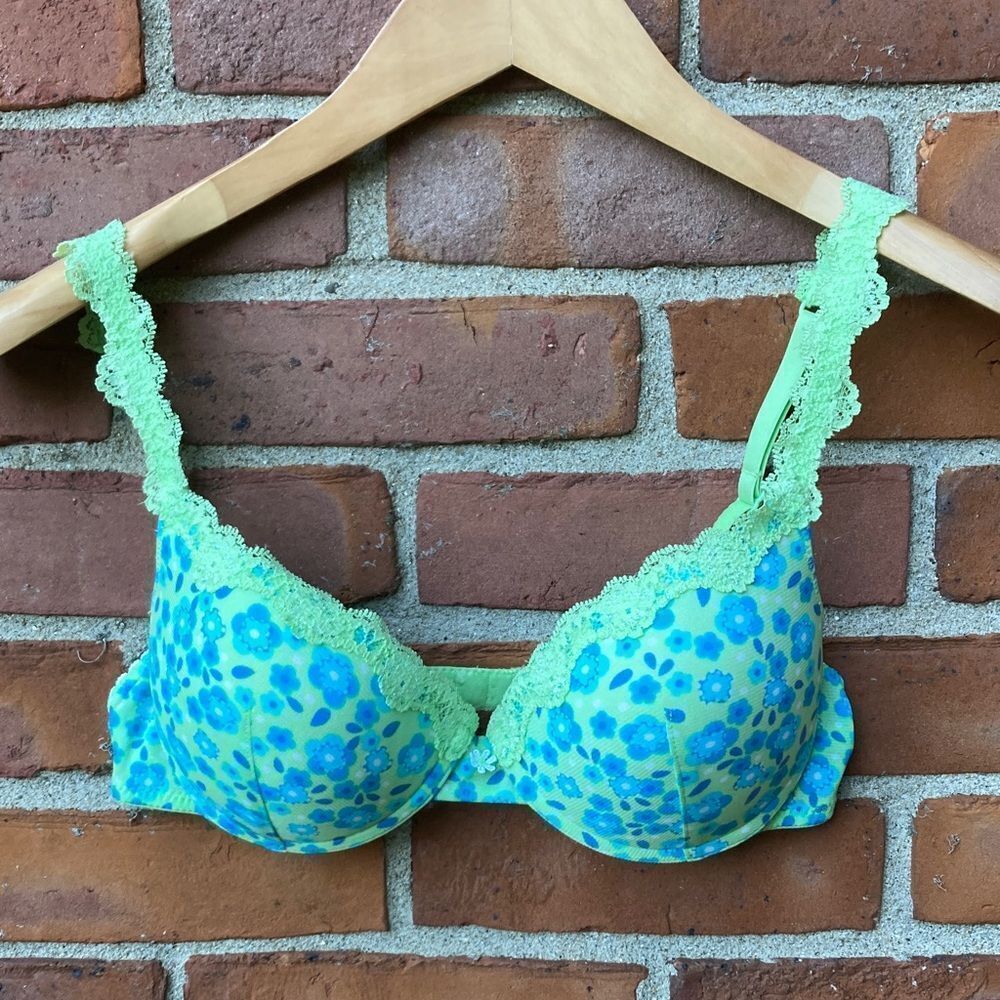 Floral Lace Trim Push-up Bra - Green and Blue